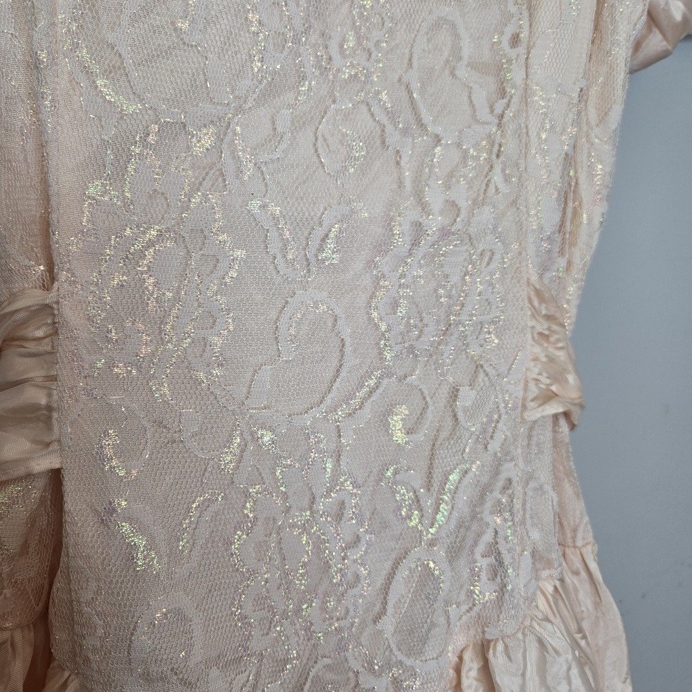 Vtg 80s Mayvens of California Iridescent Peach Pink Lace Puff Sleeve Prom Dress - Picture 5 of 14